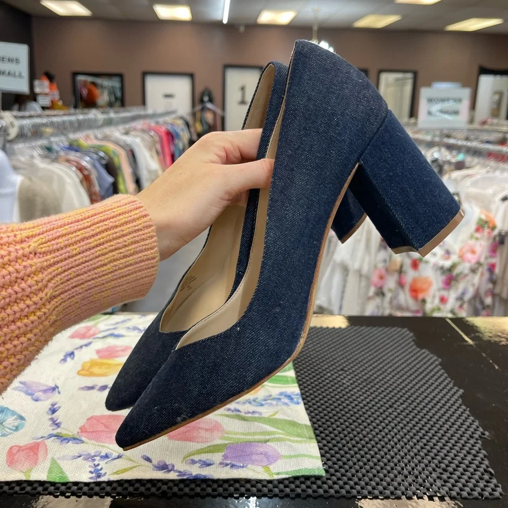 Marc Fisher Dark Denim Pointed Toe Block Heel Pumps - Picture 6 of 10